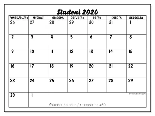 Kalendar studeni 2026 za ispis - Detaljan model