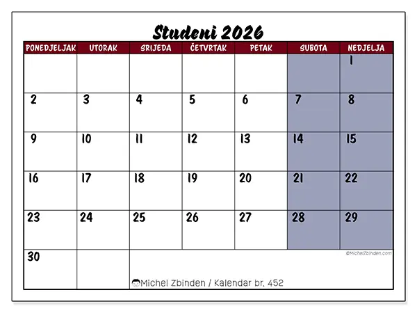Kalendar studeni 2026 za ispis - Zadaci u boji