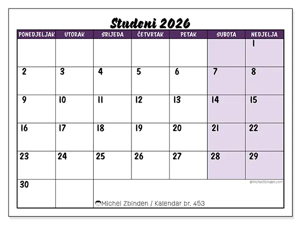 Kalendar studeni 2026 za ispis - Šareni zadaci