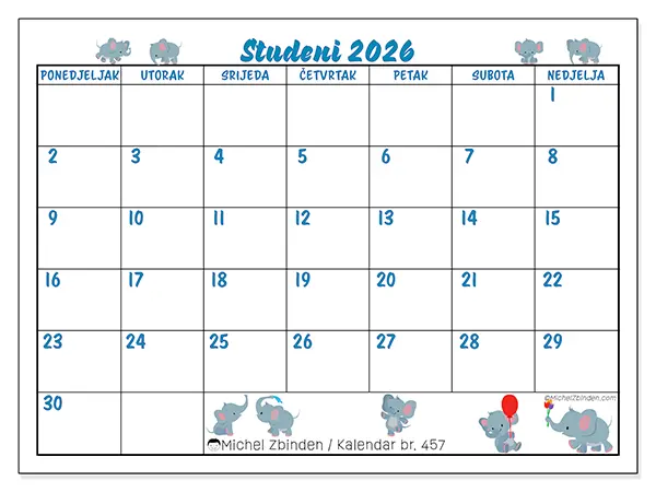 Kalendar studeni 2026 za ispis - Mali slonovi
