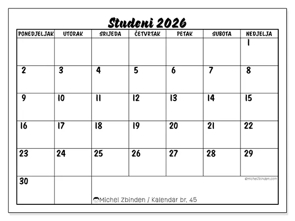 Kalendar studeni 2026 za ispis - Školski uspjeh