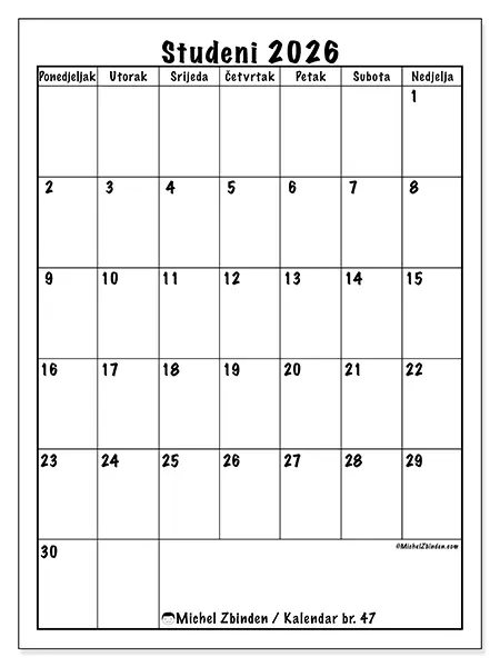 Kalendar studeni 2026 za ispis - Jasno planiranje