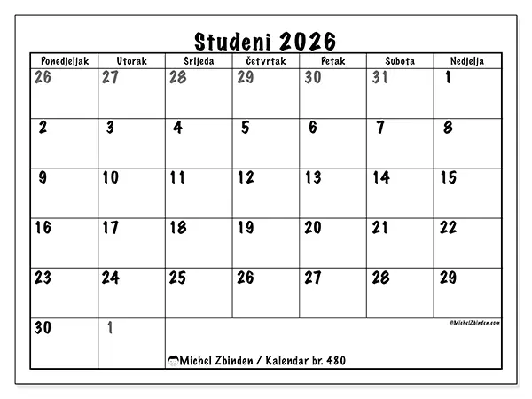 Kalendar studeni 2026 za ispis - Potpuno planiranje