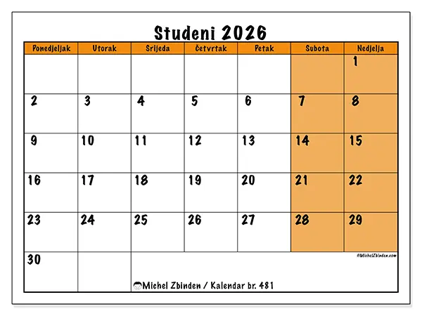 Kalendar studeni 2026 za ispis - Dinamično planiranje