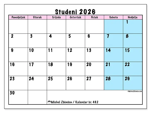 Kalendar studeni 2026 za ispis - Raspored tima