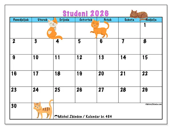 Kalendar studeni 2026 za ispis - Ljubav prema mačkama