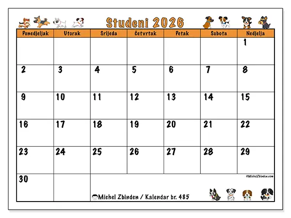 Kalendar studeni 2026 za ispis - Entuzijastični psi