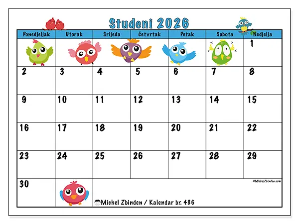 Kalendar studeni 2026 za ispis - Zabavne ptice