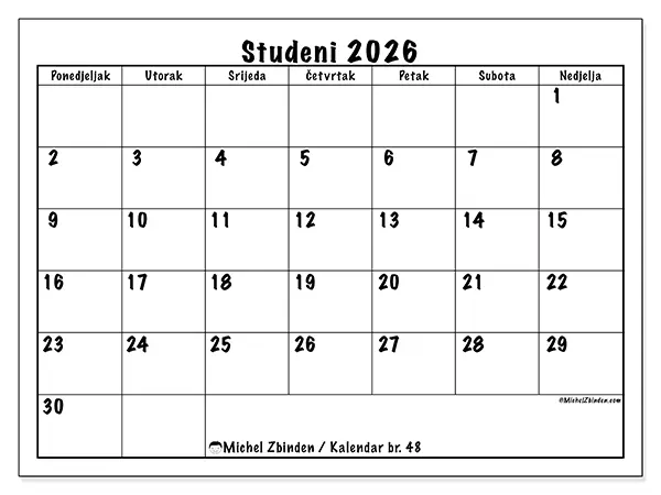 Kalendar studeni 2026 za ispis - Dnevni planovi