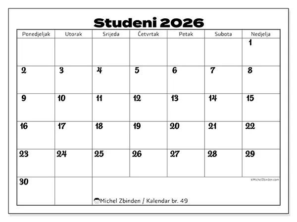 Kalendar studeni 2026 za ispis - Usklađivanje posla