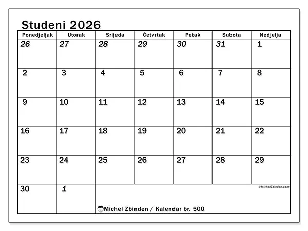Kalendar studeni 2026 za ispis - Intenzivno planiranje
