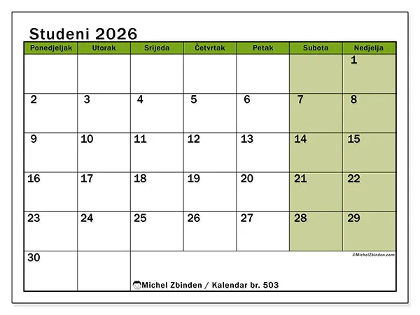 Kalendar studeni 2026 za ispis - Prirodne boje