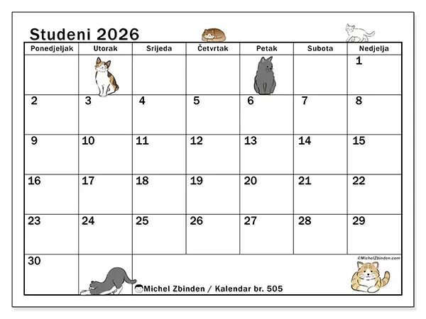 Kalendar studeni 2026 za ispis - Život mačke