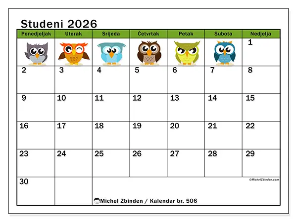 Kalendar studeni 2026 za ispis - Zabavne sove