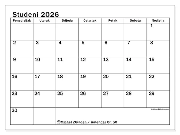 Kalendar studeni 2026 za ispis - Jasan mjesec