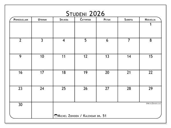 Kalendar studeni 2026 za ispis - Planer obroka