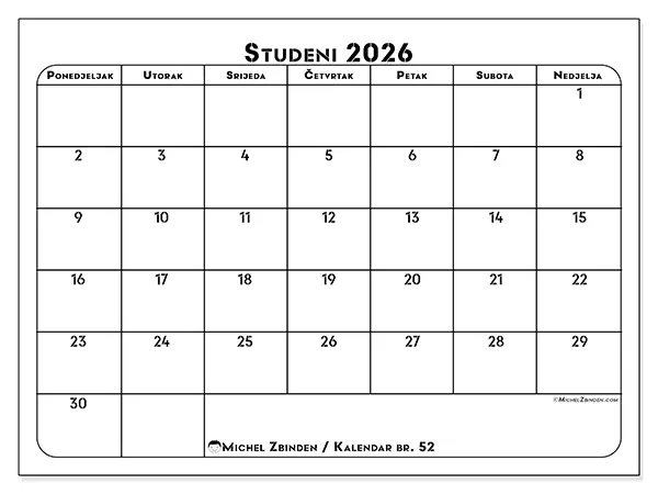 Kalendar studeni 2026 za ispis - Plan rada
