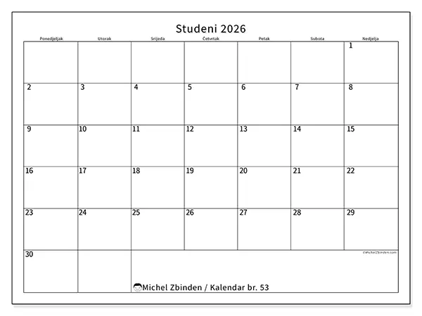 Kalendar studeni 2026 za ispis - Jasan raspored