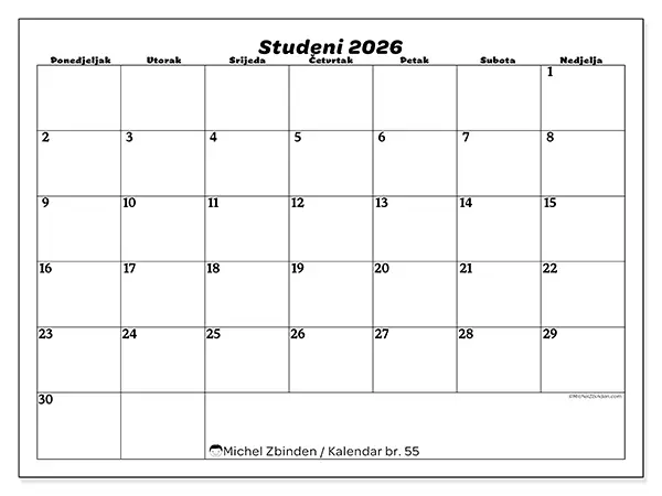 Kalendar studeni 2026 za ispis - Slobodno vrijeme