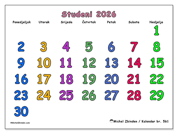 Kalendar studeni 2026 za ispis - Kreativni trenuci