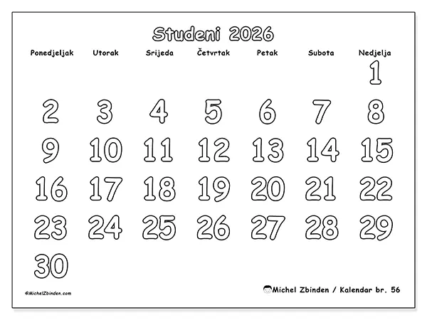 Kalendar studeni 2026 za ispis - Korisno bojanje