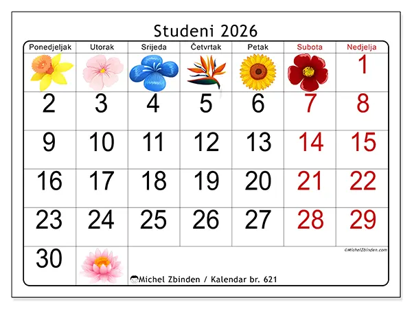 Kalendar studeni 2026 za ispis - Veliko cvijeće