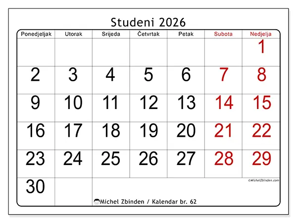 Kalendar studeni 2026 za ispis - Brzi pregled