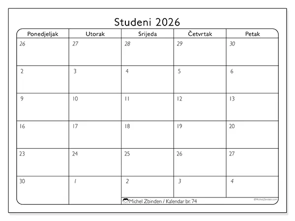 Kalendar studeni 2026 za ispis - Radni dani