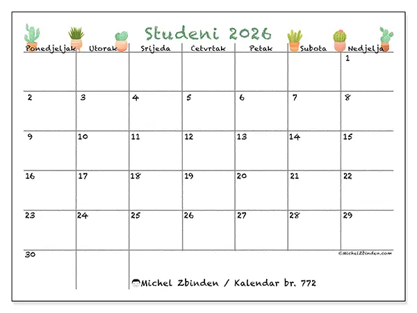 Kalendar studeni 2026 za ispis - Dekorativni kaktusi