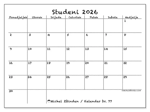 Kalendar studeni 2026 za ispis - Škola i obitelj