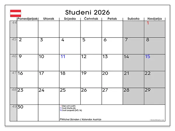 Kalendar studeni 2026 za ispis - Austrija
