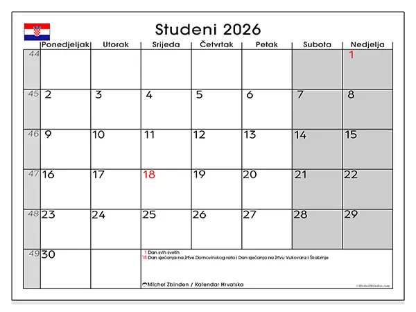 Kalendar studeni 2026 za ispis - Hrvatska