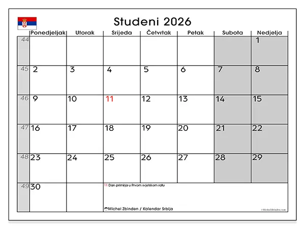 Kalendar studeni 2026 za ispis - Srbija