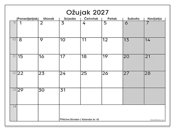 Kalendar ožujak 2027 za ispis - Jasan pregled