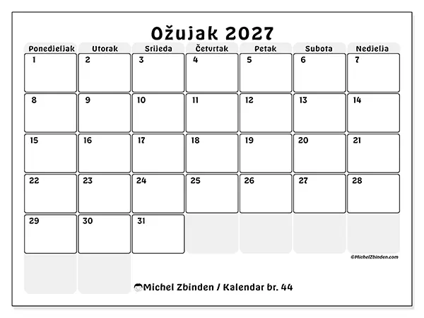 Kalendar ožujak 2027 za ispis - Strukturirano planiranje