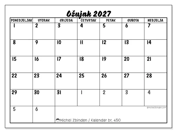 Kalendar ožujak 2027 za ispis - Detaljan model