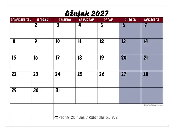 Kalendar ožujak 2027 za ispis - Zadaci u boji
