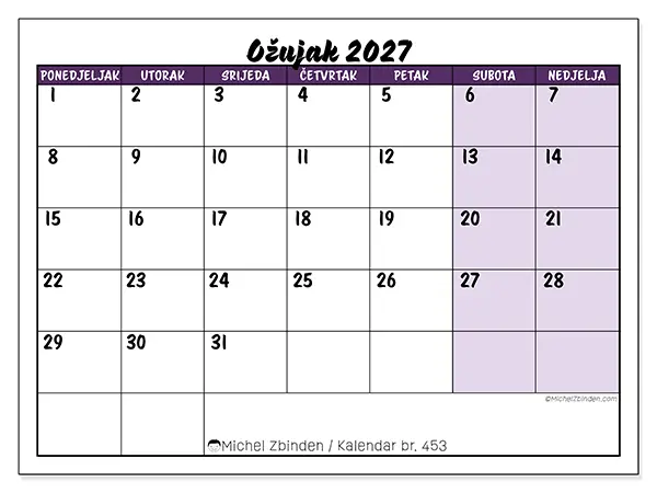 Kalendar ožujak 2027 za ispis - Šareni zadaci