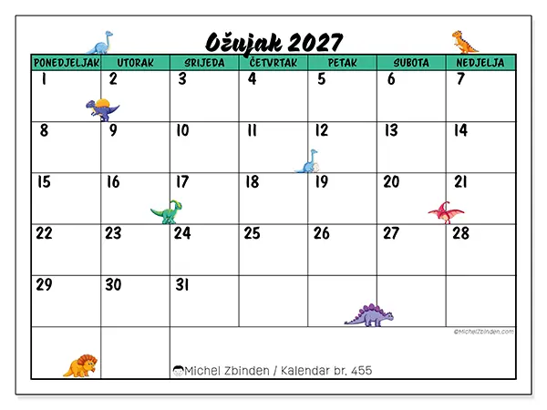 Kalendar ožujak 2027 za ispis - Mali dinosauri