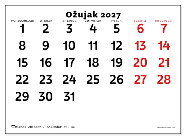 Kalendar ožujak 2027 za ispis - Jasna vizija