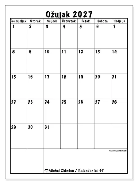 Kalendar ožujak 2027 za ispis - Jasno planiranje