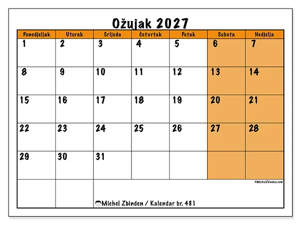 Kalendar ožujak 2027 za ispis - Dinamično planiranje