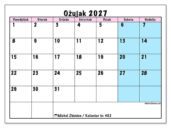 Kalendar ožujak 2027 za ispis - Raspored tima