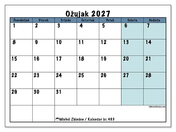 Kalendar ožujak 2027 za ispis - Struktura za školu