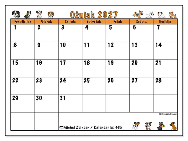 Kalendar ožujak 2027 za ispis - Entuzijastični psi