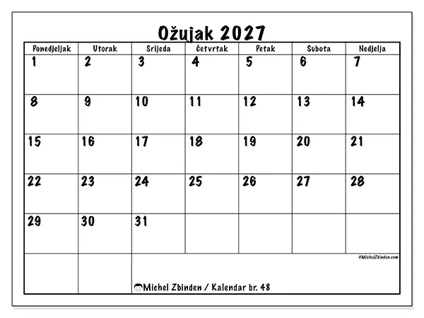 Kalendar ožujak 2027 za ispis - Dnevni planovi