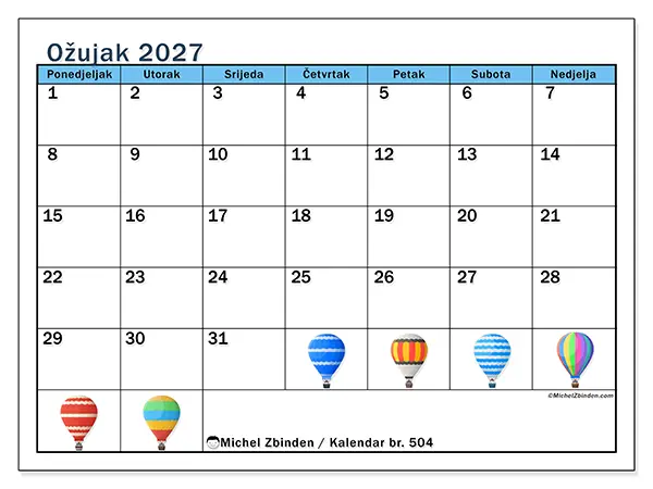 Kalendar ožujak 2027 za ispis - Baloni na vrući zrak