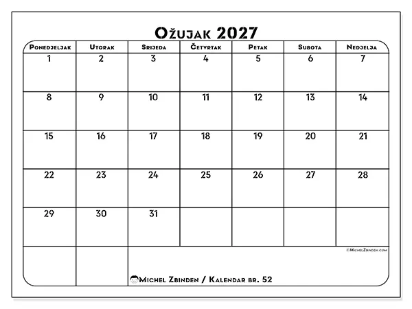 Kalendar ožujak 2027 za ispis - Plan rada