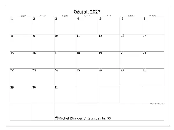 Kalendar ožujak 2027 za ispis - Jasan raspored