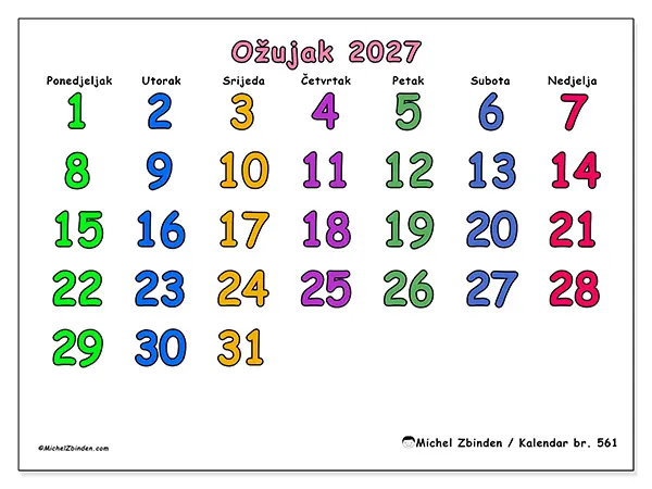 Kalendar ožujak 2027 za ispis - Kreativni trenuci